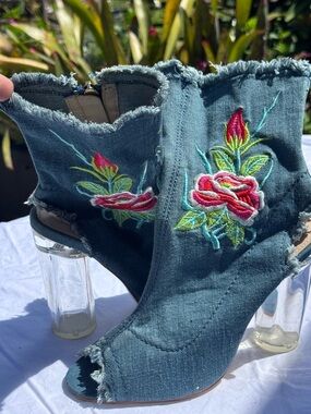 Denim Embroidered Rose Peep-Toe Booties - Teal Denim